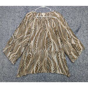 Chicos Boho Top Size LG / 2 Cold Shoulder Sheer Lightweight Fern Floral Brown